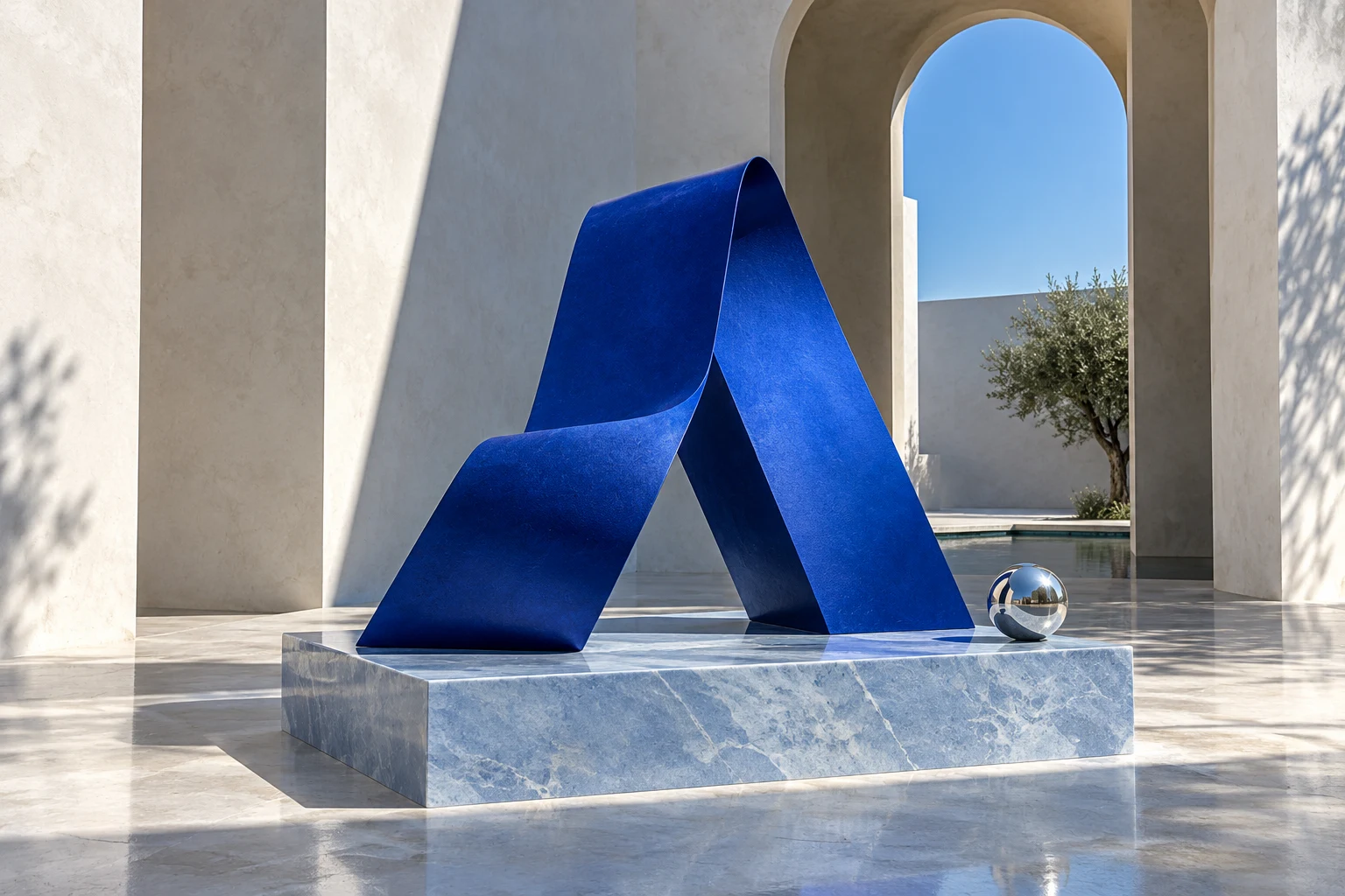 Blue sculptural artwork in a sunlit architectural courtyard